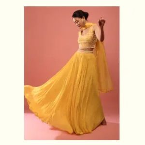 Canary Yellow Lehenga With Embroidered Blouse And Organza Dupatta